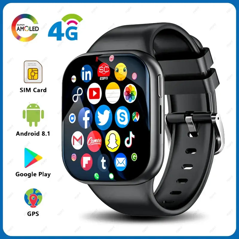 Android OS 4G Smartwatch showing colorful app icons on screen