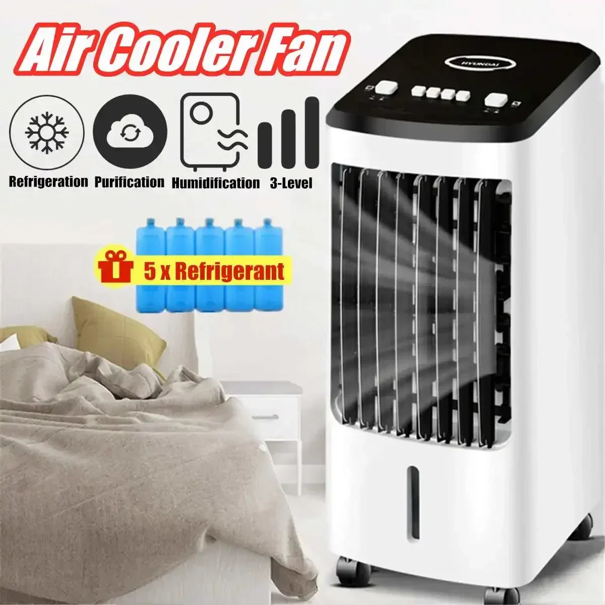 Air cooler fan with refrigeration, purification, and humidification features in a room setting.