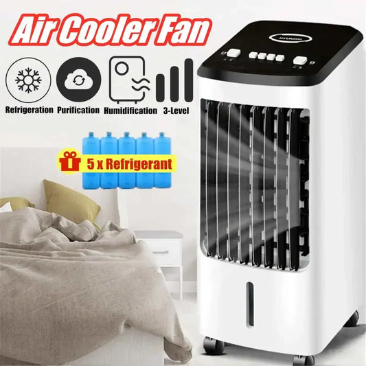 Air cooler fan with refrigeration, purification, and humidification features in a room setting.