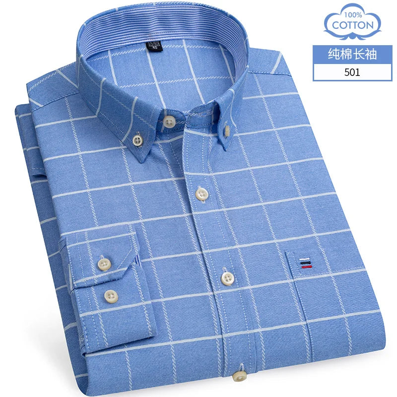 Cotton Oxford Long Sleeve Plaid Striped Casual Shirts For Men