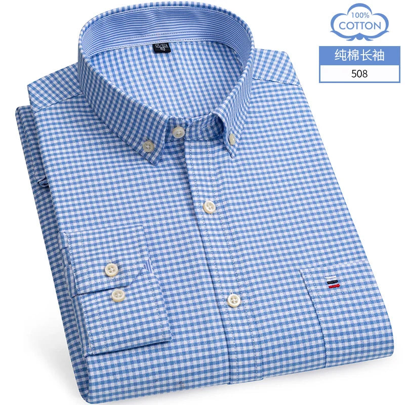Cotton Oxford Long Sleeve Plaid Striped Casual Shirts For Men
