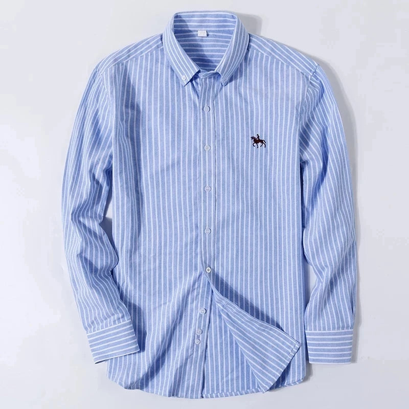Cotton Oxford Long Sleeve Plaid Striped Casual Shirts For Men