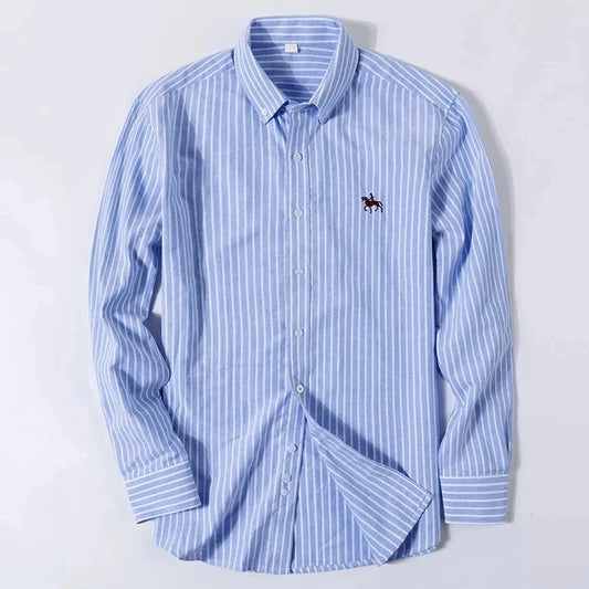 Cotton Oxford Long Sleeve Plaid Striped Casual Shirts For Men