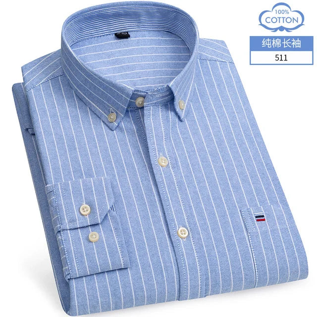 Cotton Oxford Long Sleeve Plaid Striped Casual Shirts For Men