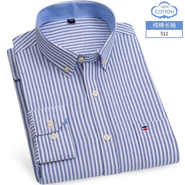Cotton Oxford Long Sleeve Plaid Striped Casual Shirts For Men