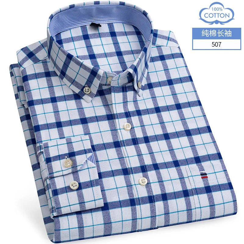 Cotton Oxford Long Sleeve Plaid Striped Casual Shirts For Men
