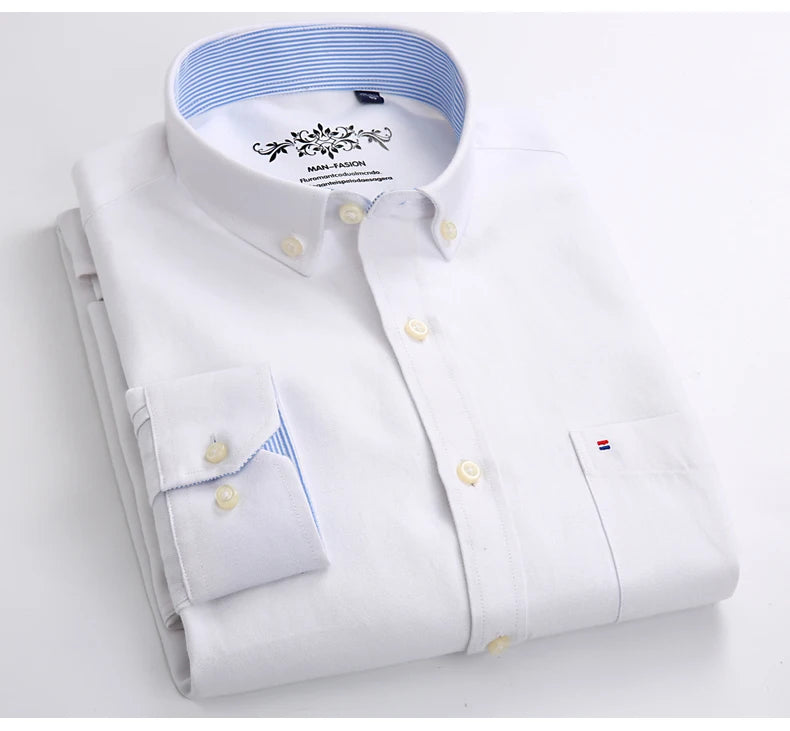 Cotton Oxford Long Sleeve Plaid Striped Casual Shirts For Men