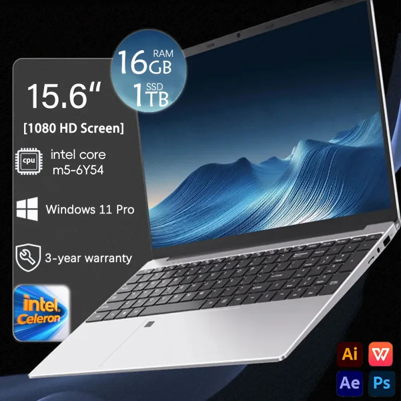 15.6 inch laptop with Intel m5-6Y54, 16GB RAM, 1TB SSD, 1080 HD screen, Windows 11 Pro, 3-year warranty.