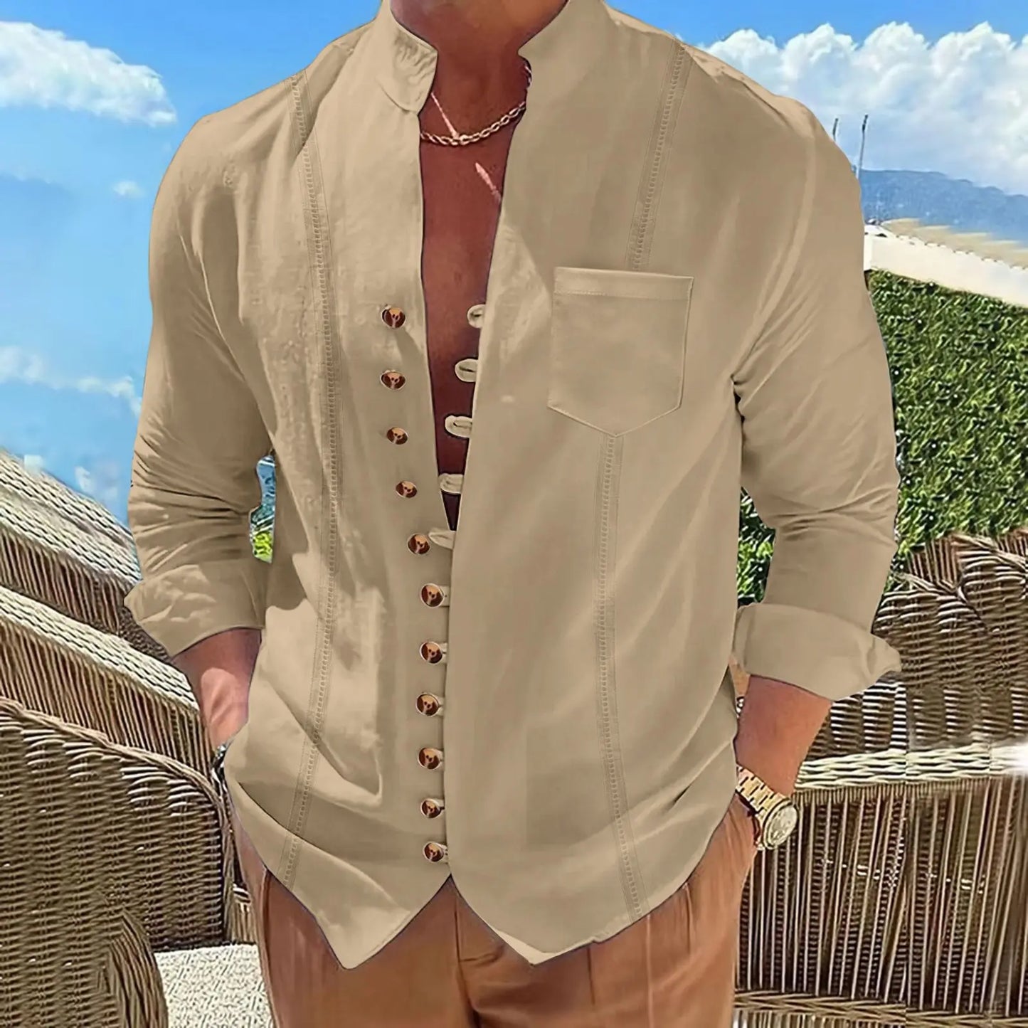 Cardigan Men's retro stand-up collar long-sleeved shirt Casual multi-button