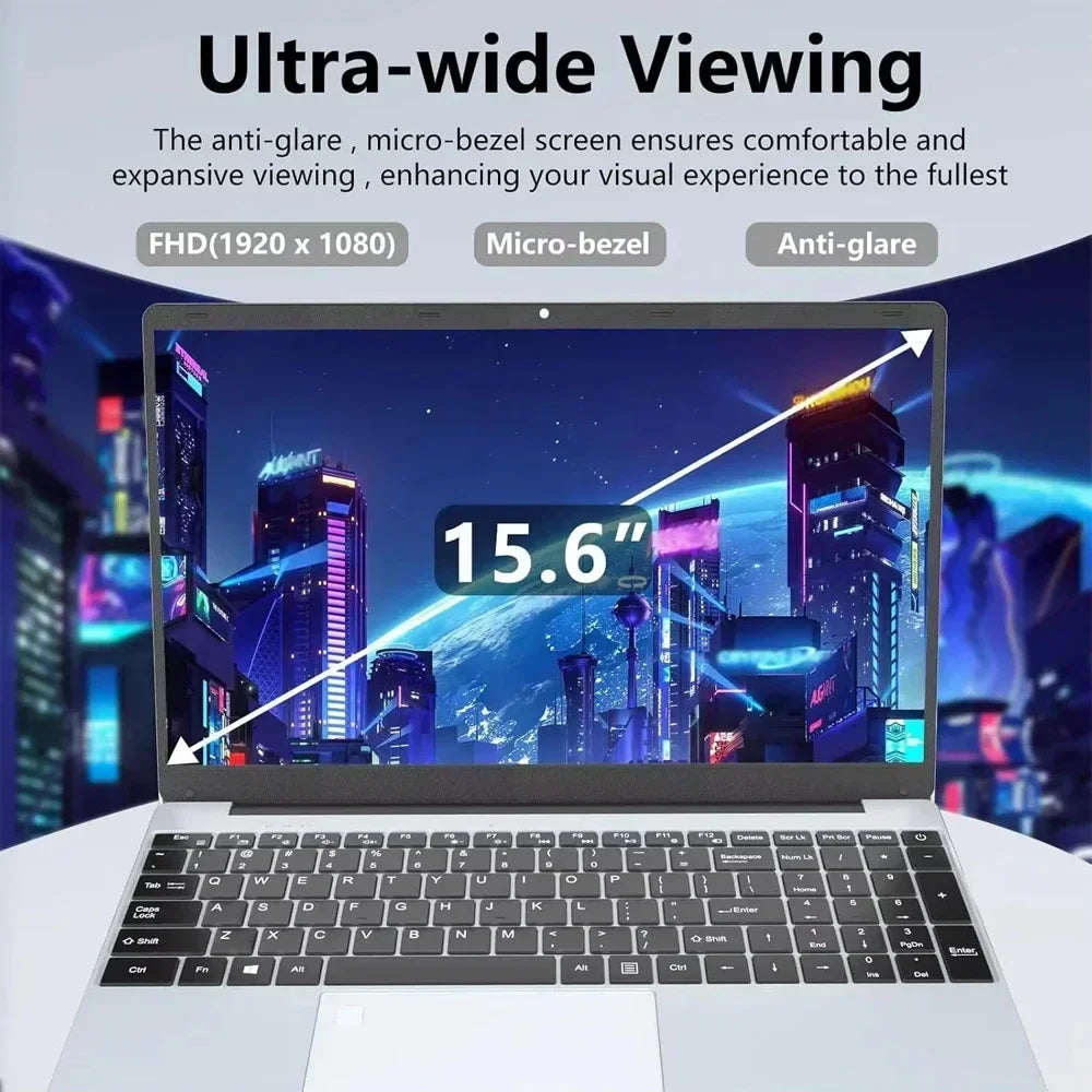 15.6-inch laptop with an ultra-wide, anti-glare display showcasing FHD resolution for immersive viewing.