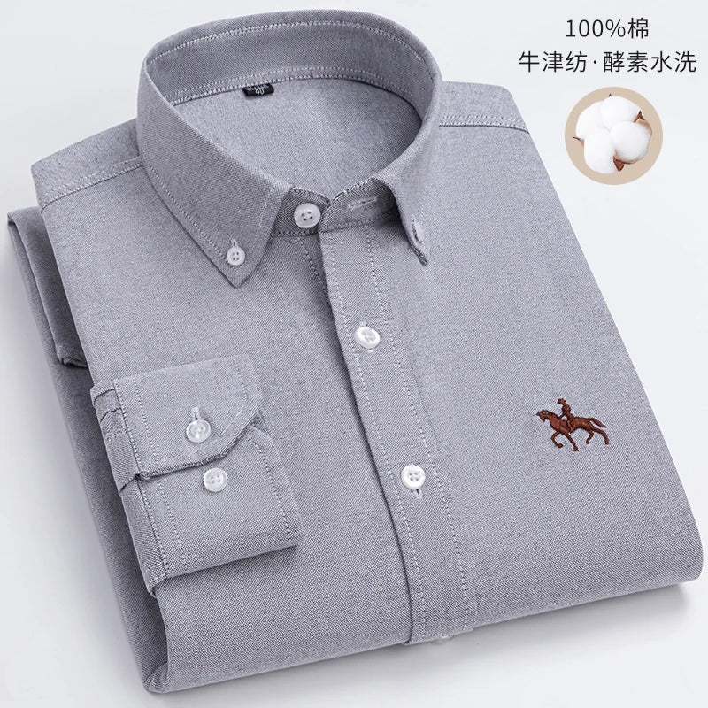 Cotton Oxford Long Sleeve Plaid Striped Casual Shirts For Men