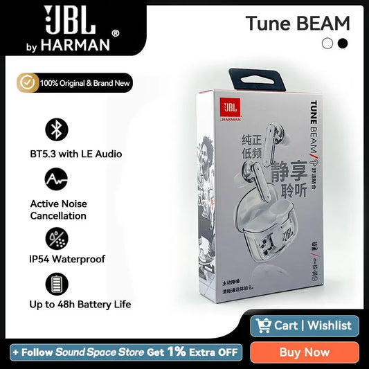 JBL TUNE BEAM GHOST Original TWS Bluetooth ANC Earphone BT 5.3 LE Audio IP54 Waterproof Active Noise Cancelling Earbuds With Mic