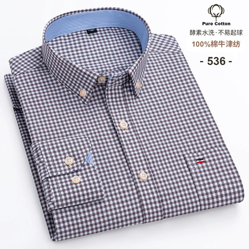 Cotton Oxford Long Sleeve Plaid Striped Casual Shirts For Men