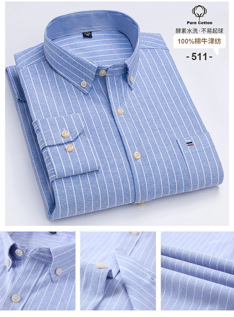 Cotton Oxford Long Sleeve Plaid Striped Casual Shirts For Men