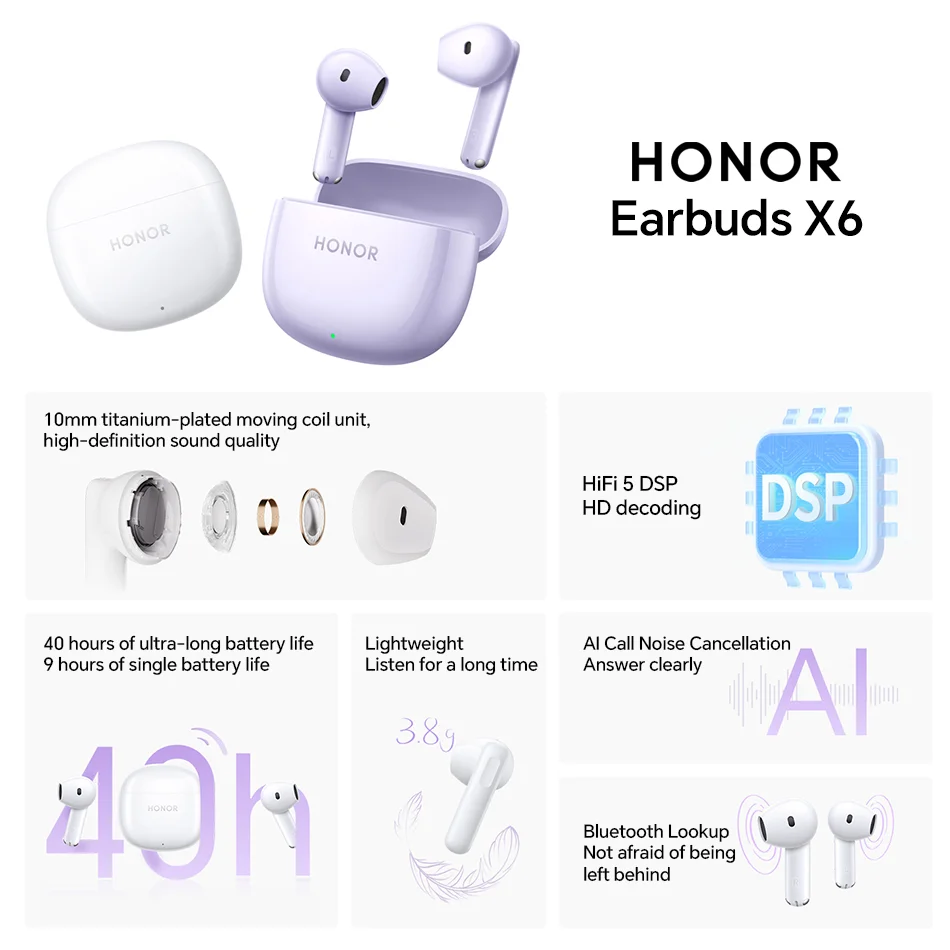 Honor Earbuds X 6 TWS Wireless Bluetooth Headphone 40 Hour Battery Life