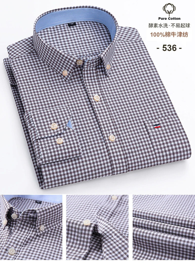 Cotton Oxford Long Sleeve Plaid Striped Casual Shirts For Men