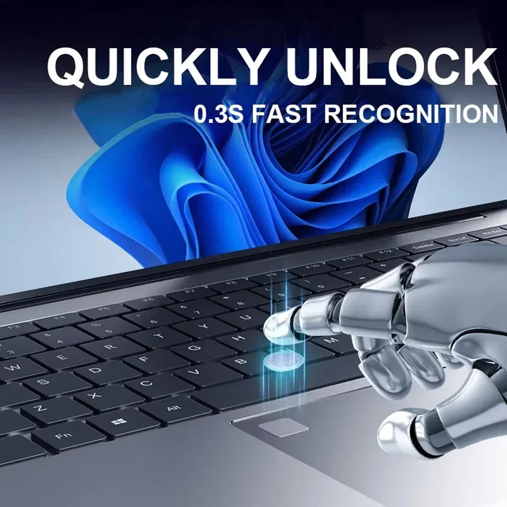 Close-up of a laptop keyboard showcasing fingerprint recognition technology for quick unlocking.