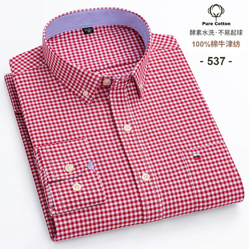 Cotton Oxford Long Sleeve Plaid Striped Casual Shirts For Men