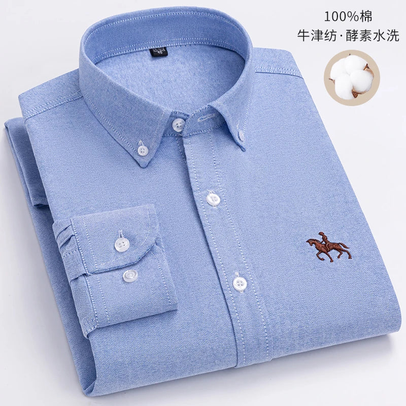 Cotton Oxford Long Sleeve Plaid Striped Casual Shirts For Men