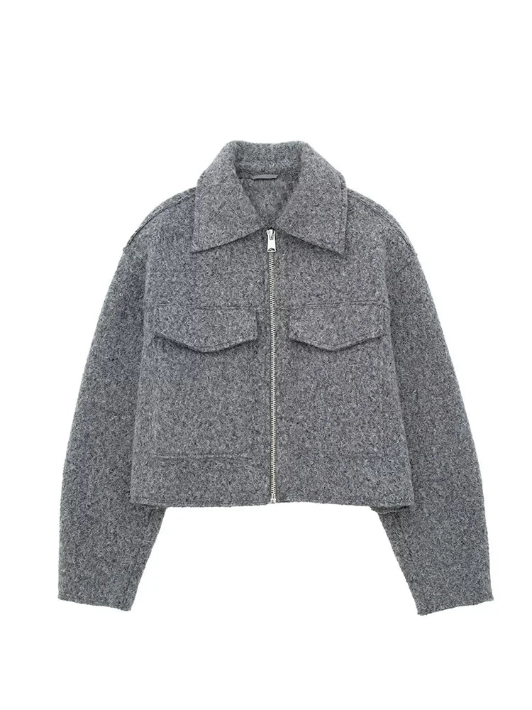 Vintage long sleeve Grey Front Zipper Jackets Outfits