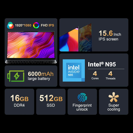 Ninkear N15 Air 15.6-Inch Laptop – Intel N95, 16GB RAM, 512GB SSD, Full HD IPS, Windows 11 Pro Computer