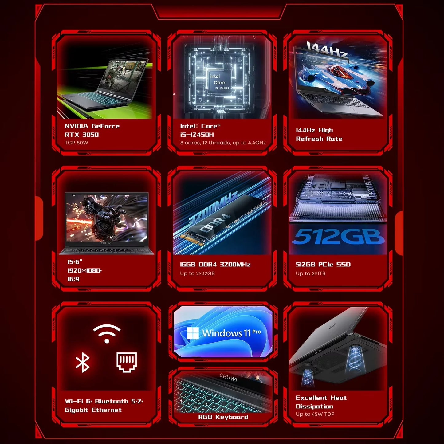 CHUWI GTBook Laptop Windows 11 Pro Intel i5-12450H RTX 3050 15.6 Inch