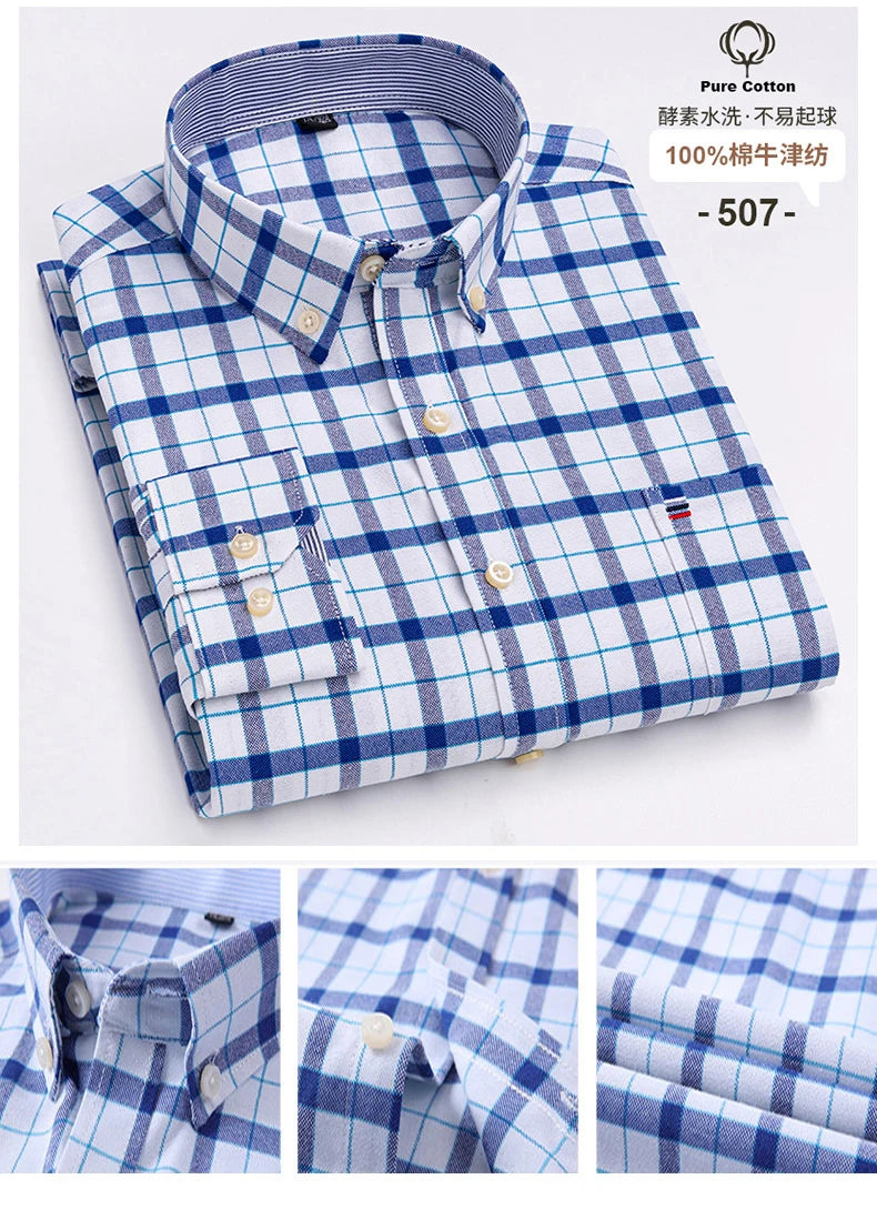 Cotton Oxford Long Sleeve Plaid Striped Casual Shirts For Men