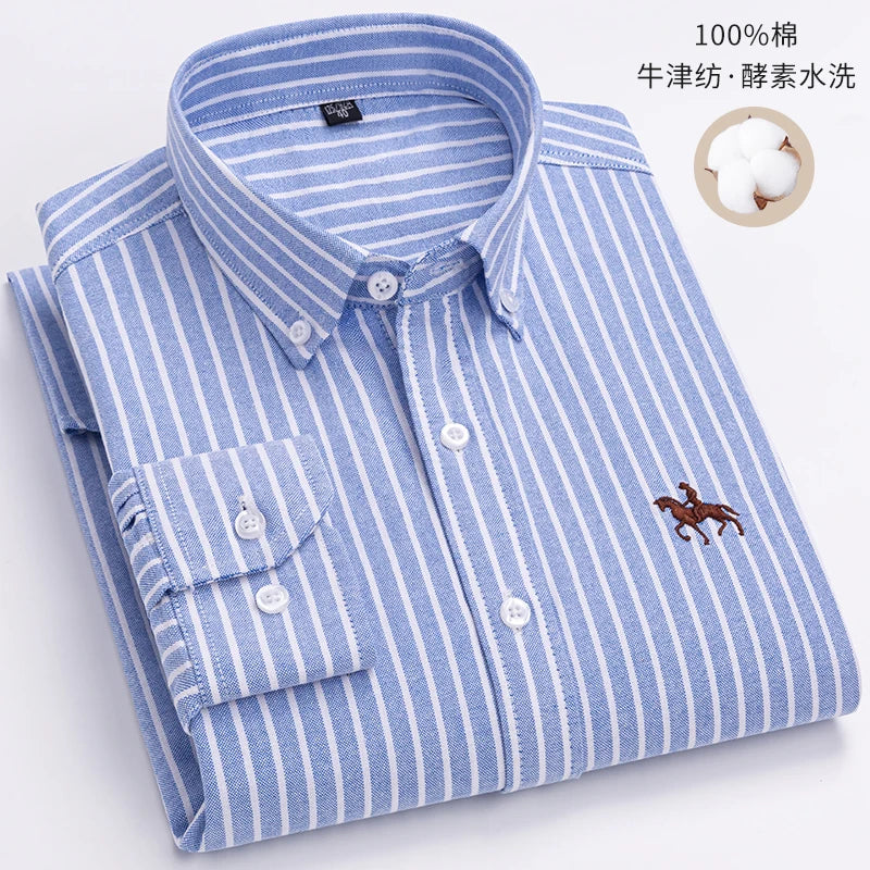 Cotton Oxford Long Sleeve Plaid Striped Casual Shirts For Men
