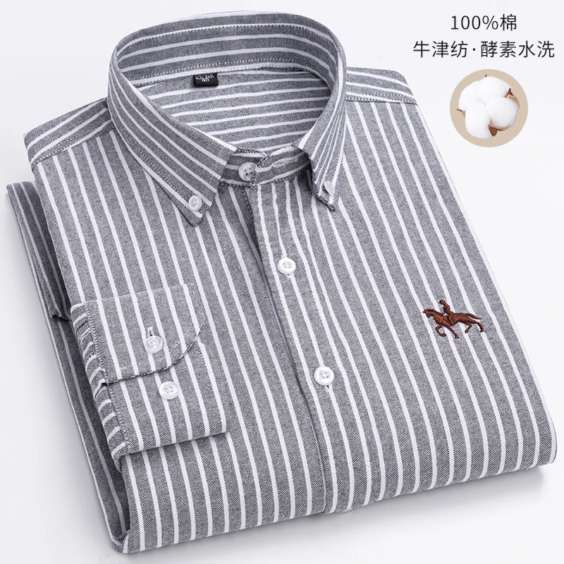 Cotton Oxford Long Sleeve Plaid Striped Casual Shirts For Men