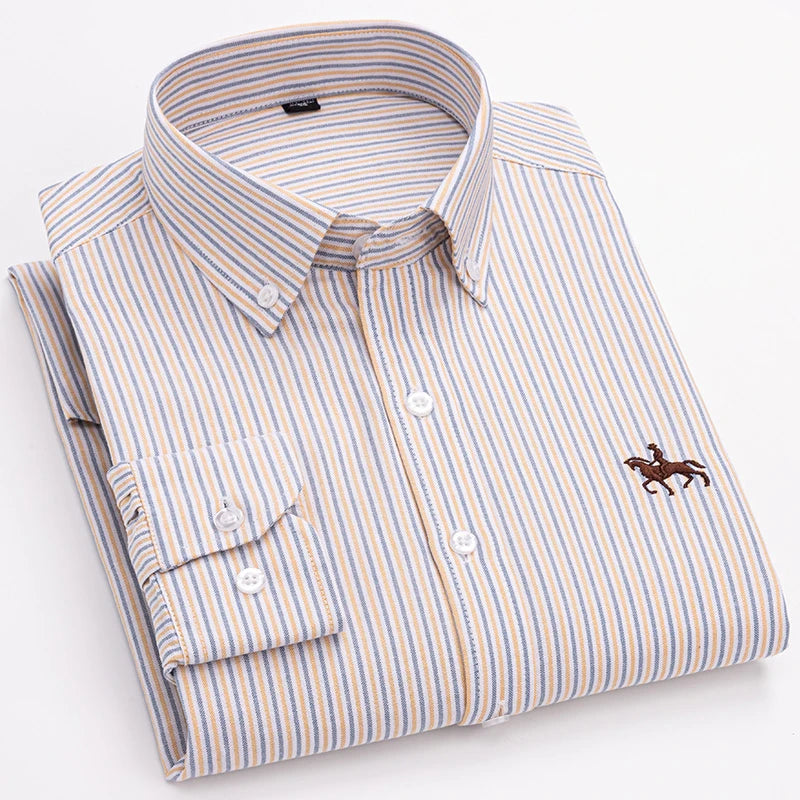 Cotton Oxford Long Sleeve Plaid Striped Casual Shirts For Men