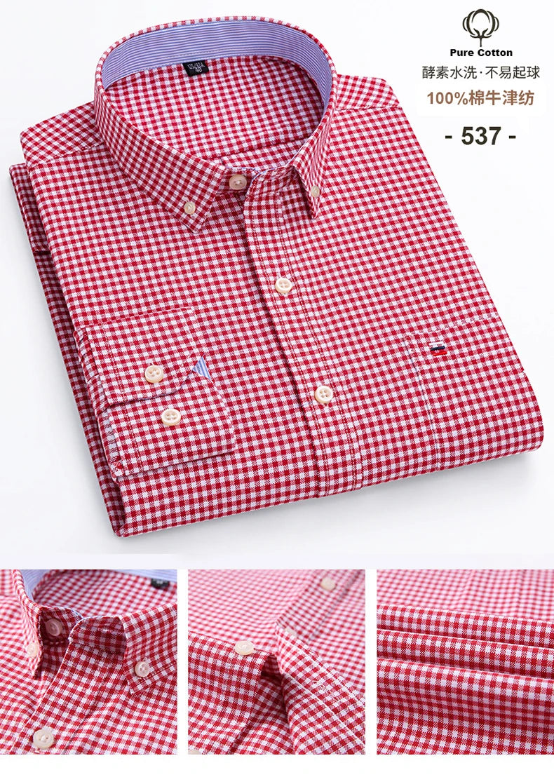 Cotton Oxford Long Sleeve Plaid Striped Casual Shirts For Men