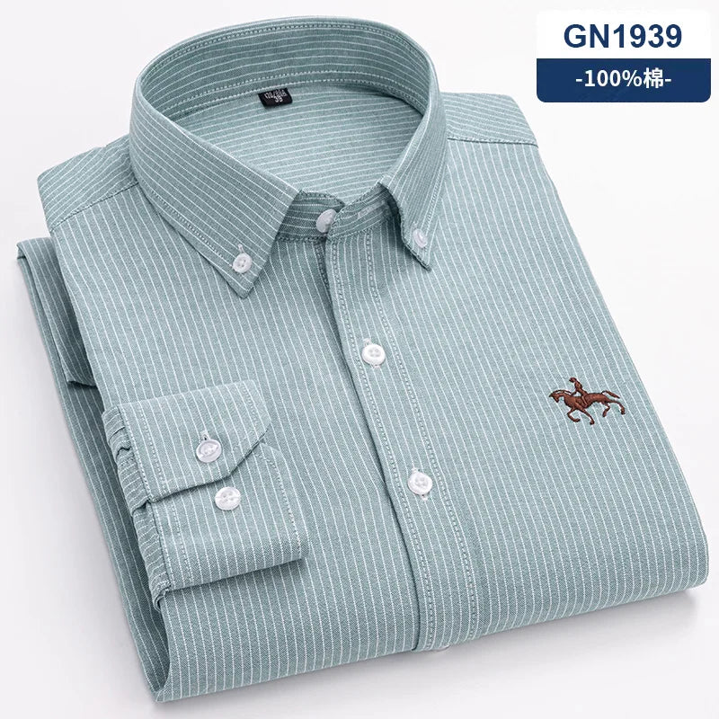 Cotton Oxford Long Sleeve Plaid Striped Casual Shirts For Men