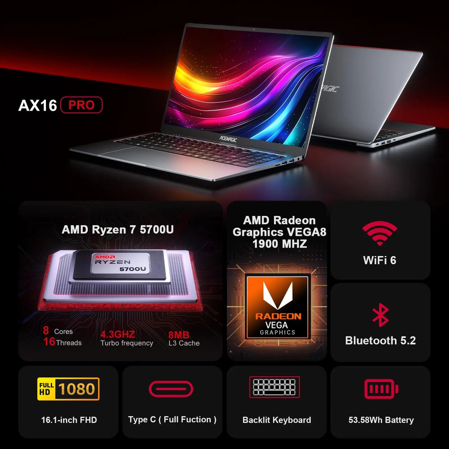 Acemagic Gaming Notebook Windows 11 Back light Laptop AMD Ryzen 7 5700U (Beat i7-1265U) Full HD 1920x1080