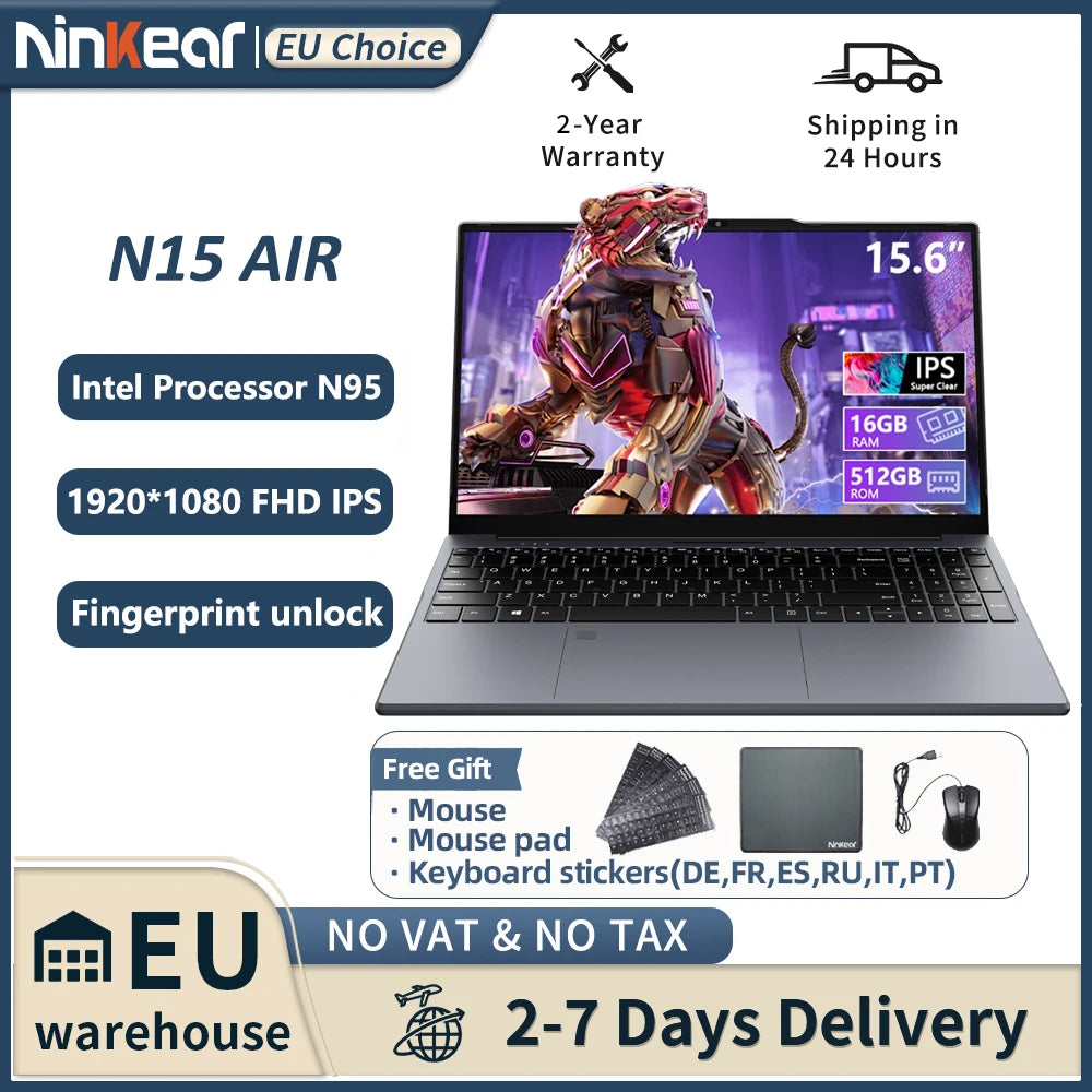 Ninkear N15 Air 15.6-Inch Laptop – Intel N95, 16GB RAM, 512GB SSD, Full HD IPS, Windows 11 Pro Computer