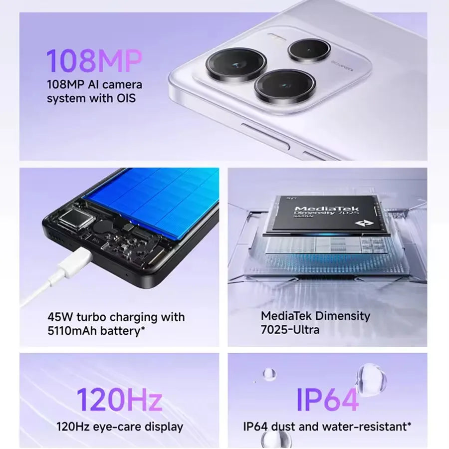 Xiaomi Redmi Note 14 Smartphone 5G 8GB/256GB MediaTek Dimensity 7025-Ultra 6.67" AMOLED Display 108MP Triple Camera
