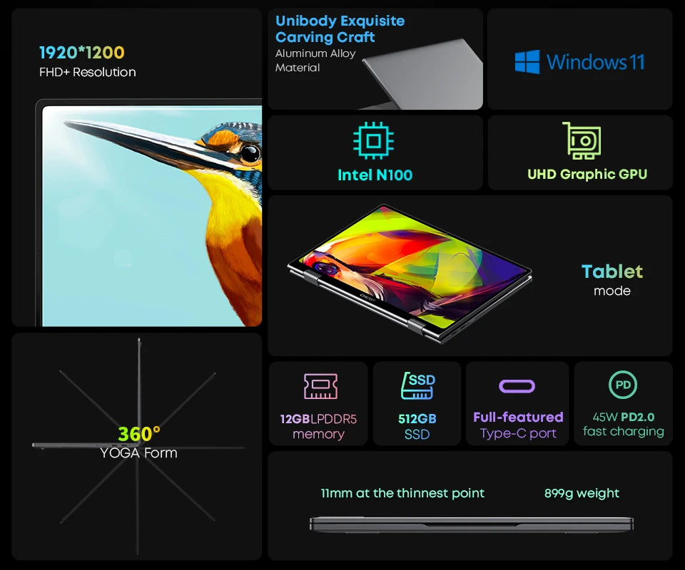 Chuwi 360° MiniBook X Laptop 2-in-1 Yoga Mode Intel N100 N5100 10.51 Inch
