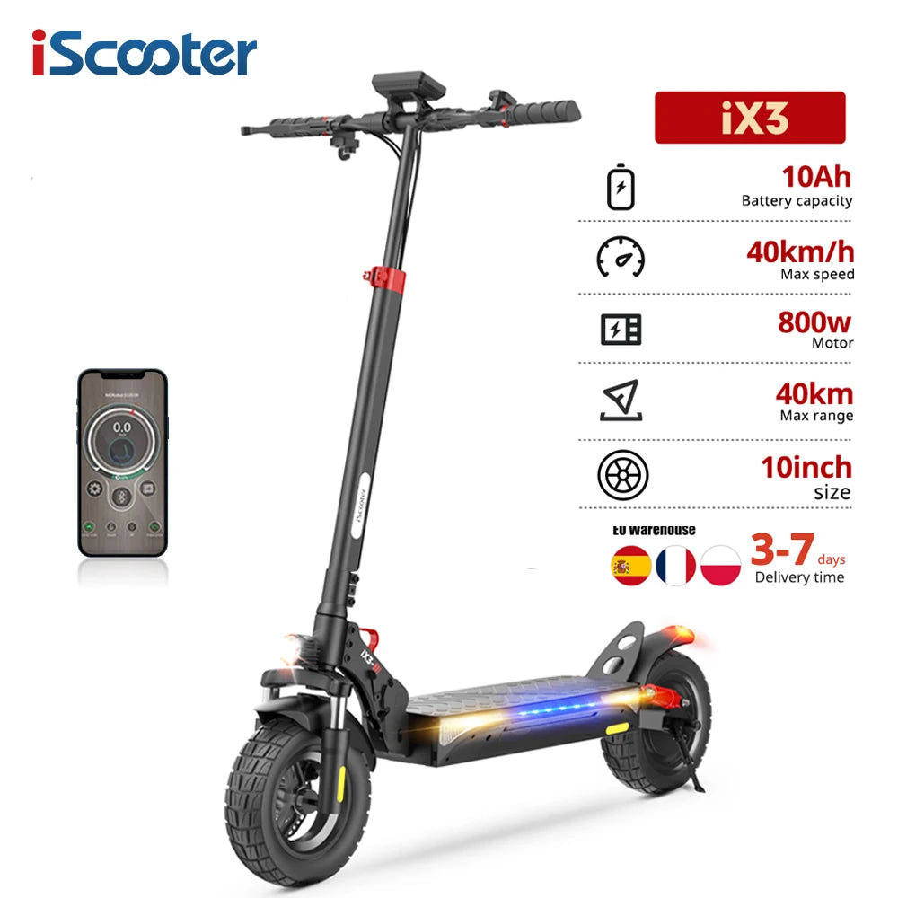iScooter iX3 800 W Powerful Electric Kick Scooter 10 inch Tubeless 40 km/h For Adults