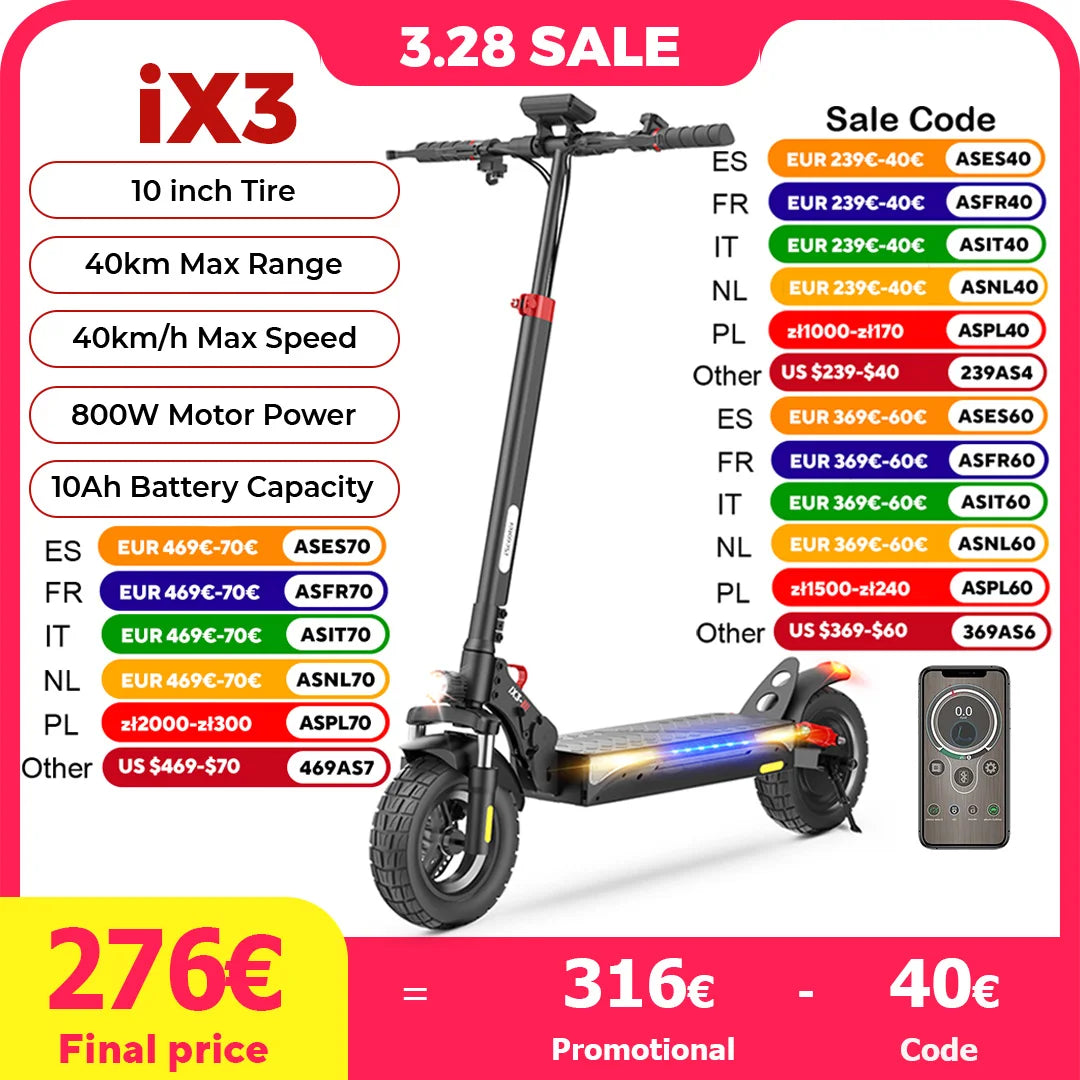 iScooter iX3 800 W Powerful Electric Kick Scooter 10 inch Tubeless 40 km/h For Adults