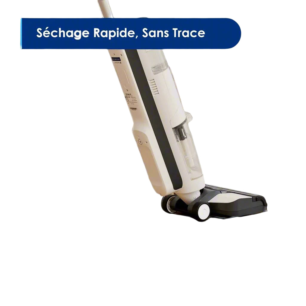 Person using a handheld vacuum cleaner on a white background with text 'Séchage Rapide, Sans Trace