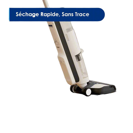 Person using a handheld vacuum cleaner on a white background with text 'Séchage Rapide, Sans Trace