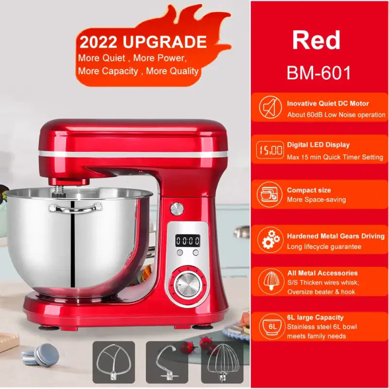 BioloMix 6L Kitchen Food Stand Mixer 1200W DC Quiet Motor - Red / france