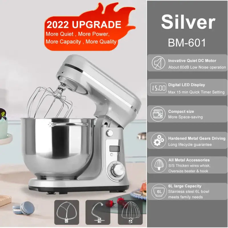BioloMix 6L Kitchen Food Stand Mixer 1200W DC Quiet Motor - Silver grey / france