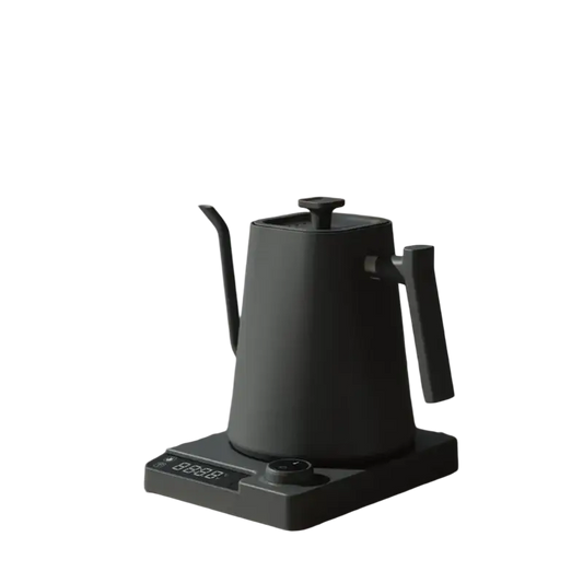 Sleek black electric gooseneck kettle with wooden handle and digital display for professional use