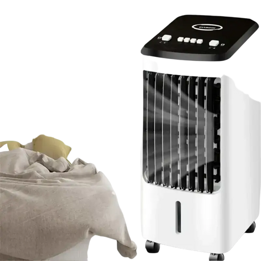 Air cooler fan with refrigeration, purification, and humidification features in a room setting.