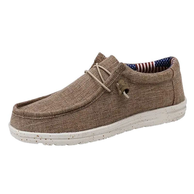 Brown canvas casual shoes with white sole, laces, and American flag design