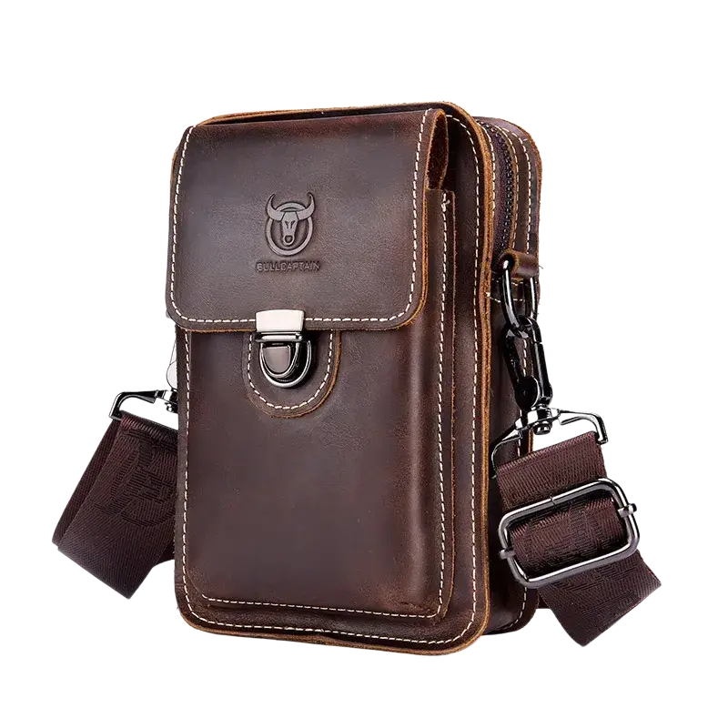 Bull-captain Crazy Horse Leather Male Waist Pack Phone Pouch Bags - Brown