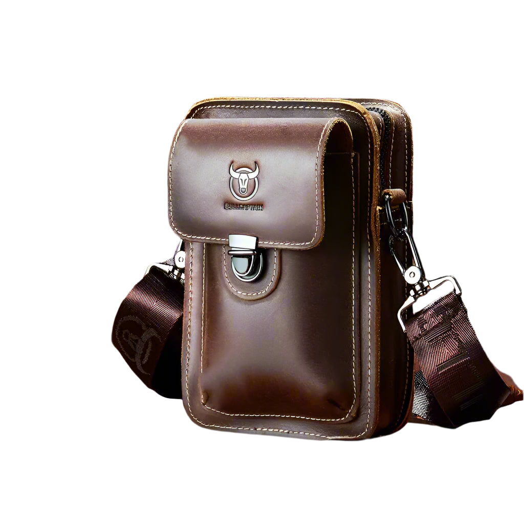 Bull-captain Crazy Horse Leather Male Waist Pack Phone Pouch Bags