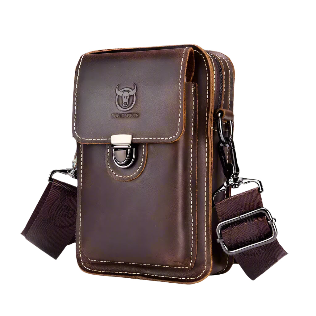 Bull-captain Crazy Horse Leather Male Waist Pack Phone Pouch Bags - Brown