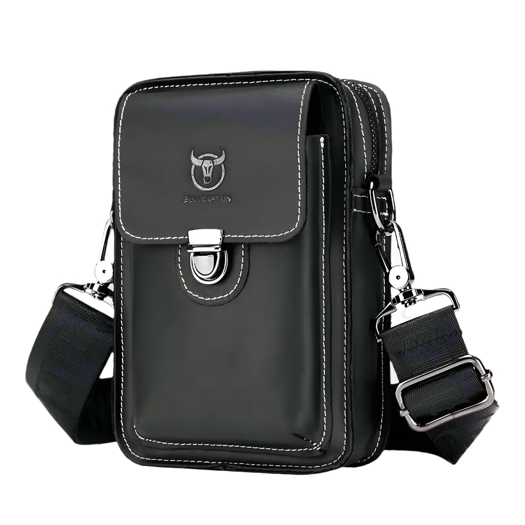 Bull-captain Crazy Horse Leather Male Waist Pack Phone Pouch Bags - Black