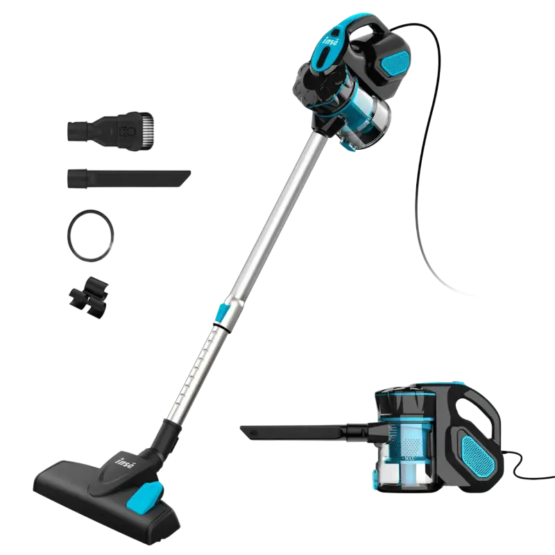 Blue and black corded stick vacuum with dust box, suction nozzle, and attachments